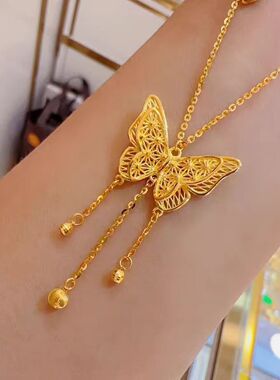 黄金蝴蝶流苏越南沙金吊坠女款高级感气质坠镂空立体花丝蝴蝶项链
