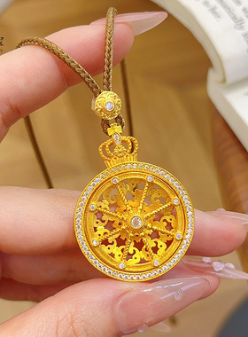 金店同款沙金点钻镂空幸福马车罗盘吊坠项链可旋转圆盘送女友礼物