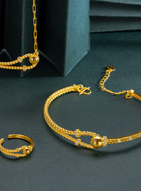 越南沙金弹簧马蹄女戒指环女新款5G黄金色细款项链手镯送女友