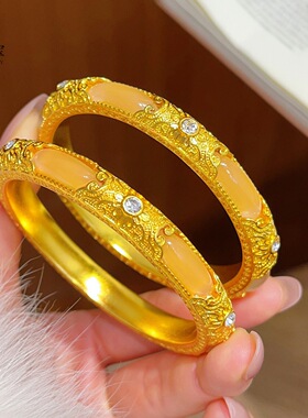 同款古法越南沙金花丝金玉良缘仿真金手镯点钻雕花玉石镯子女送礼