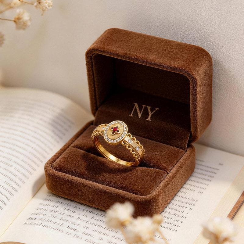 越南沙金微镶红宝石仿真金拉丝四叶草戒指高级感指环送女友礼物