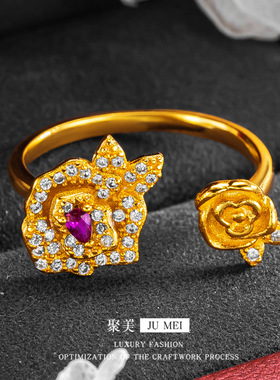 新中式复古微镶嵌锆石双生玫瑰花戒指高级感越南沙金轻奢黄金可