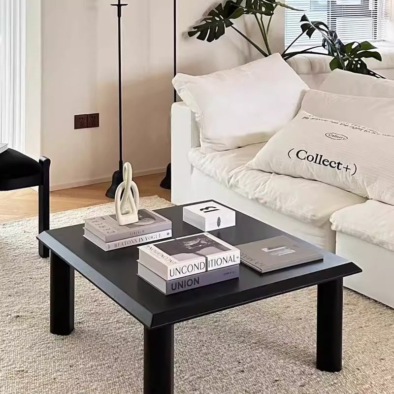 中古侘寂风海棠茶几复古小户型客厅简约实木茶几原木黑色茶桌方形