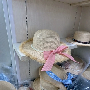 天然拉菲草草帽女春夏季百搭平顶礼帽珍珠粉色飘带沙滩帽遮阳帽