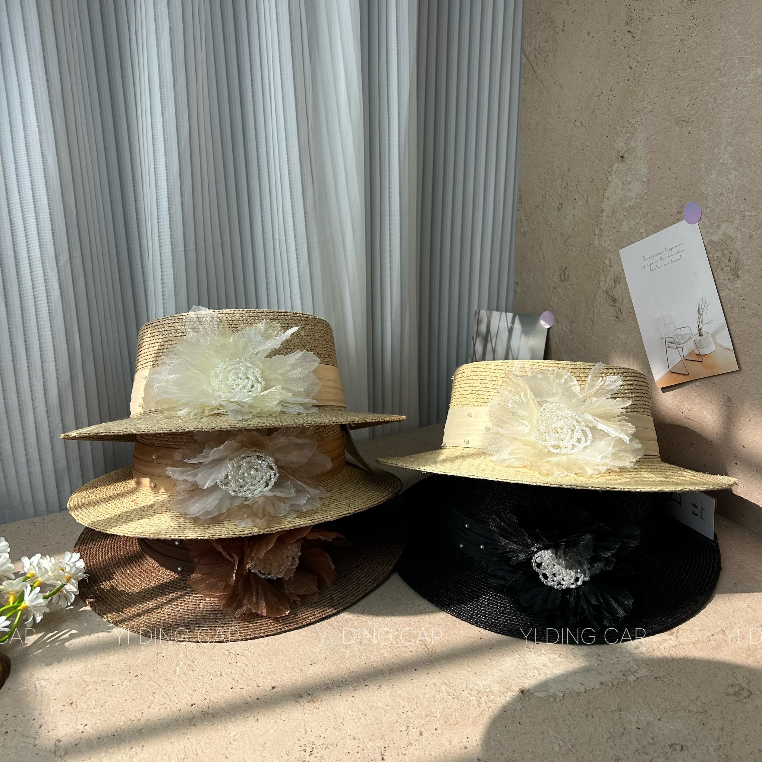 夏季拉菲草珍珠遮阳防晒平顶帽女