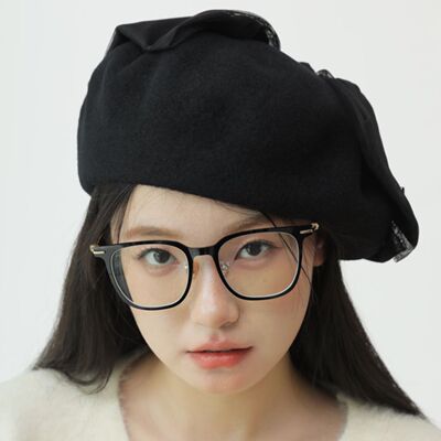日本CA4LA同款网纱蝴蝶结装饰纯羊毛贝雷帽女时尚百搭保暖画家帽