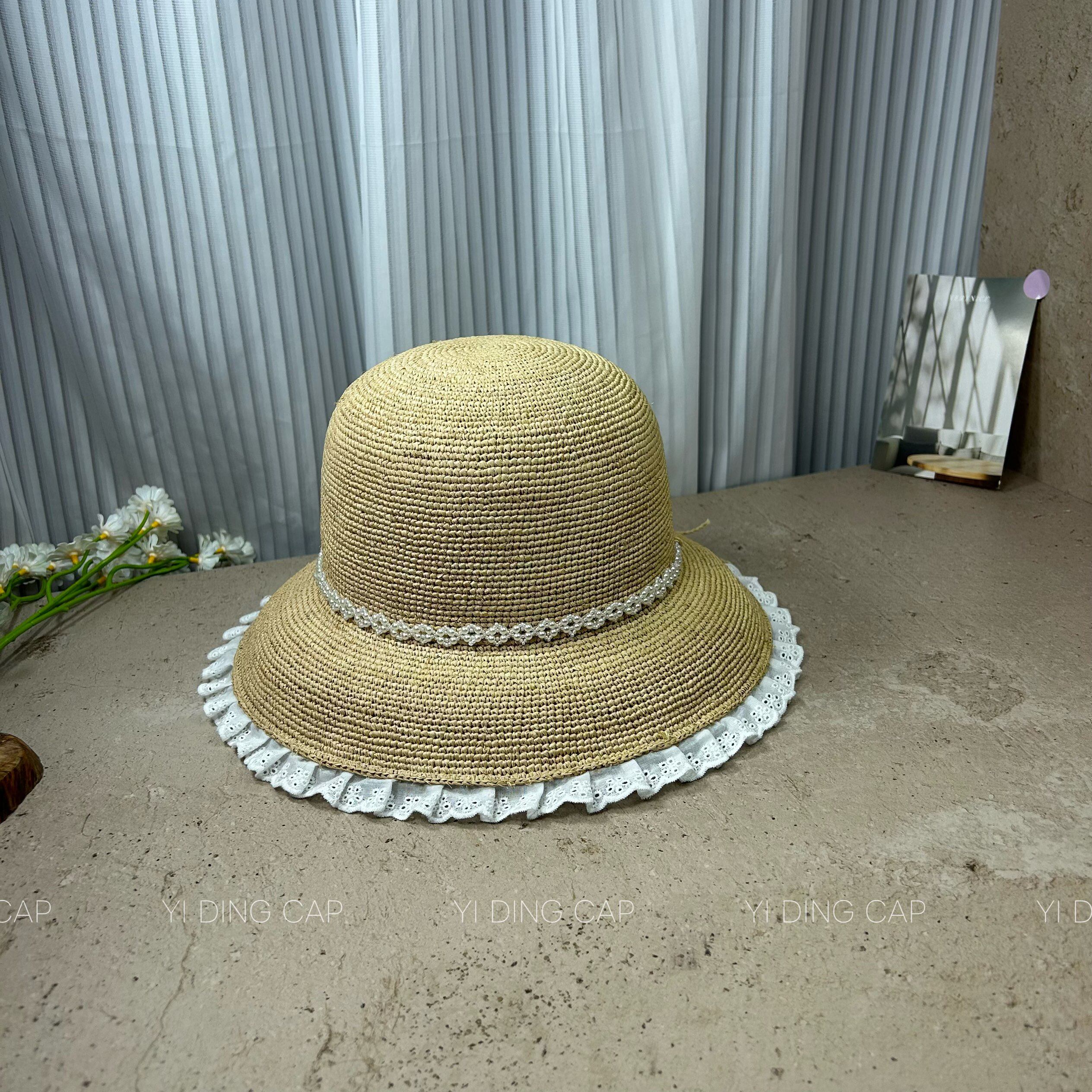 夏季优雅珍珠绑带遮阳渔夫帽女