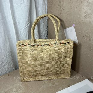 2026新款夏日系天然拉菲草手工勾刺绣草编包女士手提包休闲旅行包