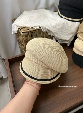 日本CA4款条纹鸭舌帽子女夏季防晒草帽撞色侧压马术帽百搭遮阳帽