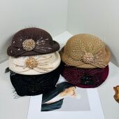 重工奢华手缝装 饰蕾丝水钻秋冬优雅贝雷帽女时尚 百搭礼帽盆帽毡帽