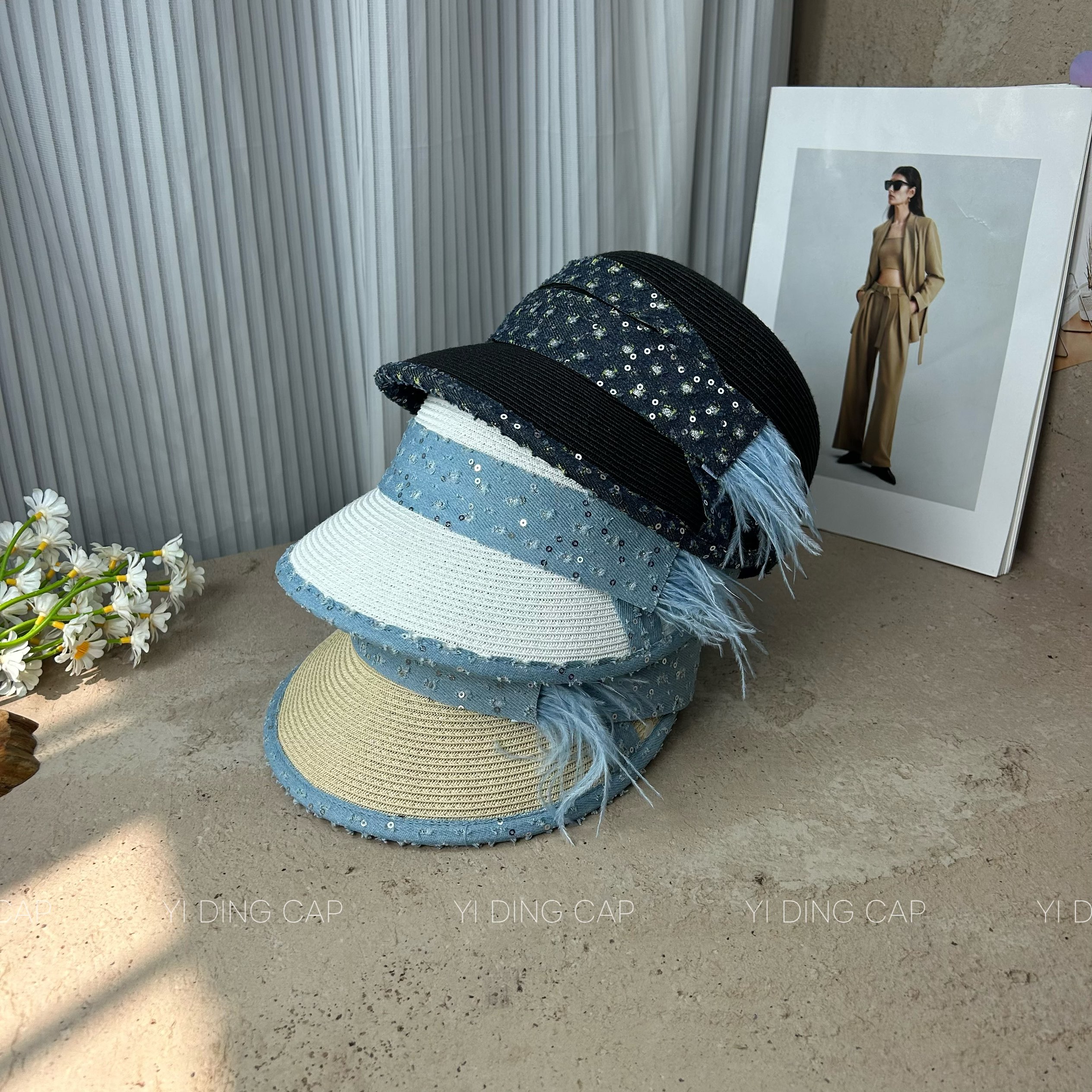 韩系小众亮片草编防晒马术帽女