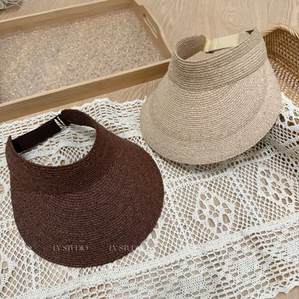 韩单定染色～高品质拉菲草空顶帽夏季休闲百搭大檐遮阳草帽可折叠
