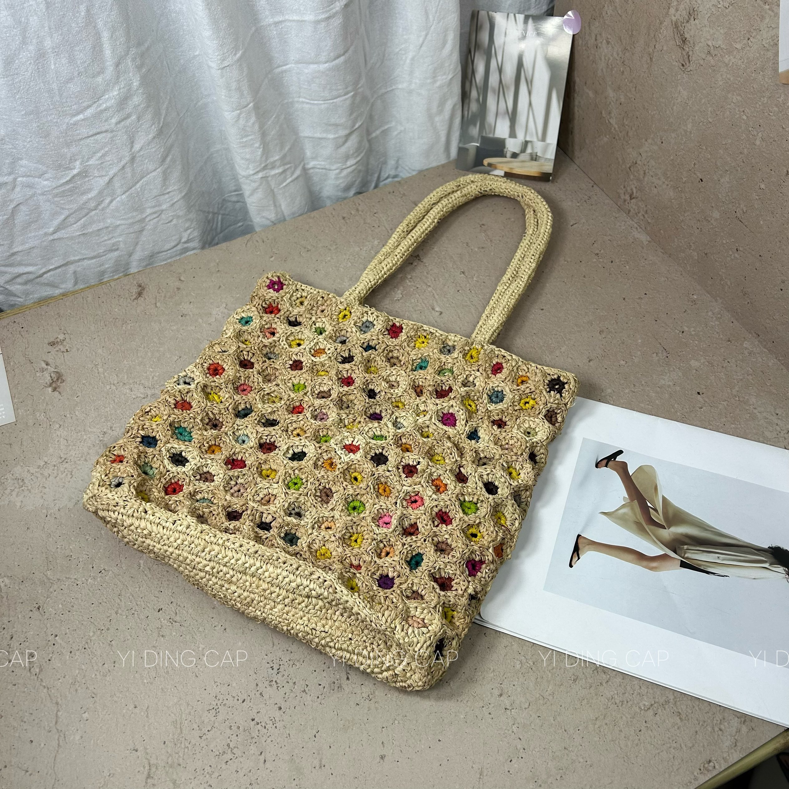 夏季草编手工钩针刺绣沙滩托特包
