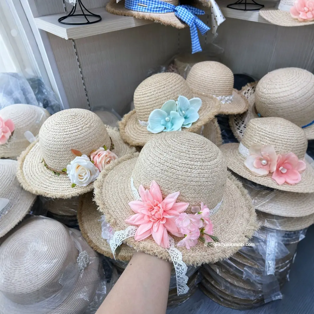 草帽合集~平顶草帽百搭遮阳帽仿真花女生帽子韩版太阳帽户外花朵