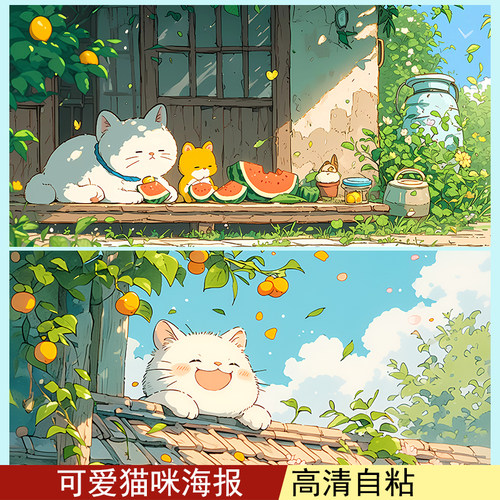 动漫猫咪海报卡通可爱墙贴屋顶小猫墙纸防水卧室宿舍定制装饰画