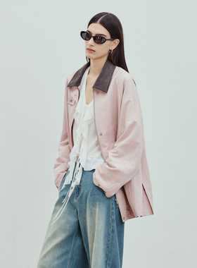 BLUEWEDIAN2026春季新品亚麻混纺撞色立翻领工装风衣猎装夹克女