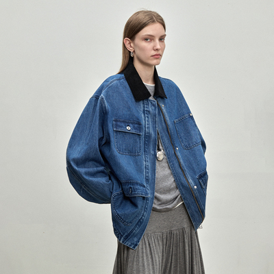 BLUEWEDIAN新品时尚复古水洗牛仔丹宁撞色翻领牛仔外套女