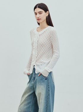 BLUEWEDIAN26春季新品亚麻莱赛尔浪漫镂空花边针织修身型针织开衫