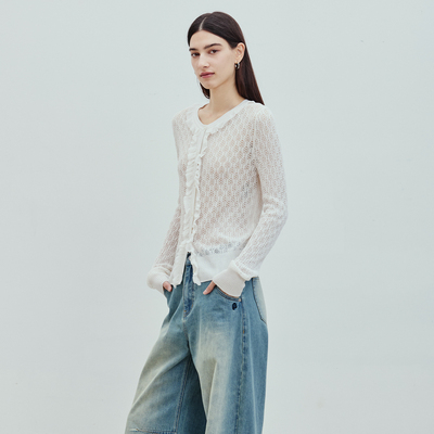 BLUEWEDIAN26春季新品亚麻莱赛尔浪漫镂空花边针织修身型针织开衫