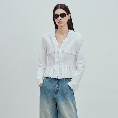 BLUEWEDIAN2026春夏新品时尚法式甜美V领浪漫短款系带衬衫女上衣