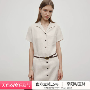 BLUEWEDIAN短袖透气全麻翻领衬衫女透气舒适衬衣百搭上衣