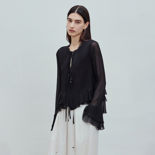 BLUEWEDIAN2026春季新品时尚短款浪漫双层长袖衬衫喇叭袖女显瘦