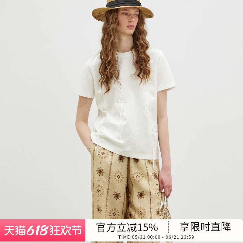 BLUEWEDIAN2026夏季新品简约设计感立体钩织水母圆领直身显瘦T恤
