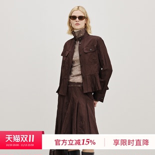 BLUEWEDIAN26秋新品小立领金属丝百褶下摆短款工装外套半身裙套装