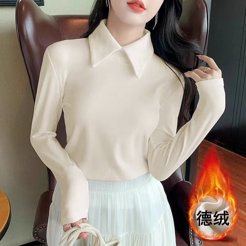 Polo领双面德绒保暖长袖打底衫女