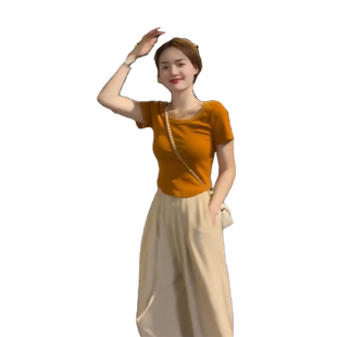 纯欲风简约设计感修身短袖T恤女夏季新款短款弧形下摆圆领上衣ins