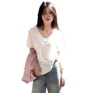 v领t恤女2026新款夏季新款白短袖正肩宽松慵懒风显瘦低领白色上衣