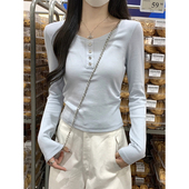 秋冬季 新款 百搭别致小众女褶皱收腰德绒长袖 马卡龙蓝色韩版 打底衫