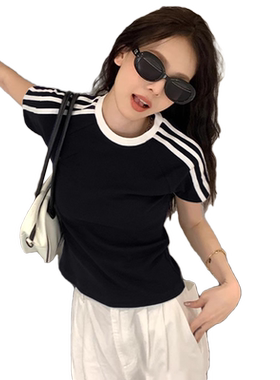 夏季新款三条杠圆领短袖女装显瘦