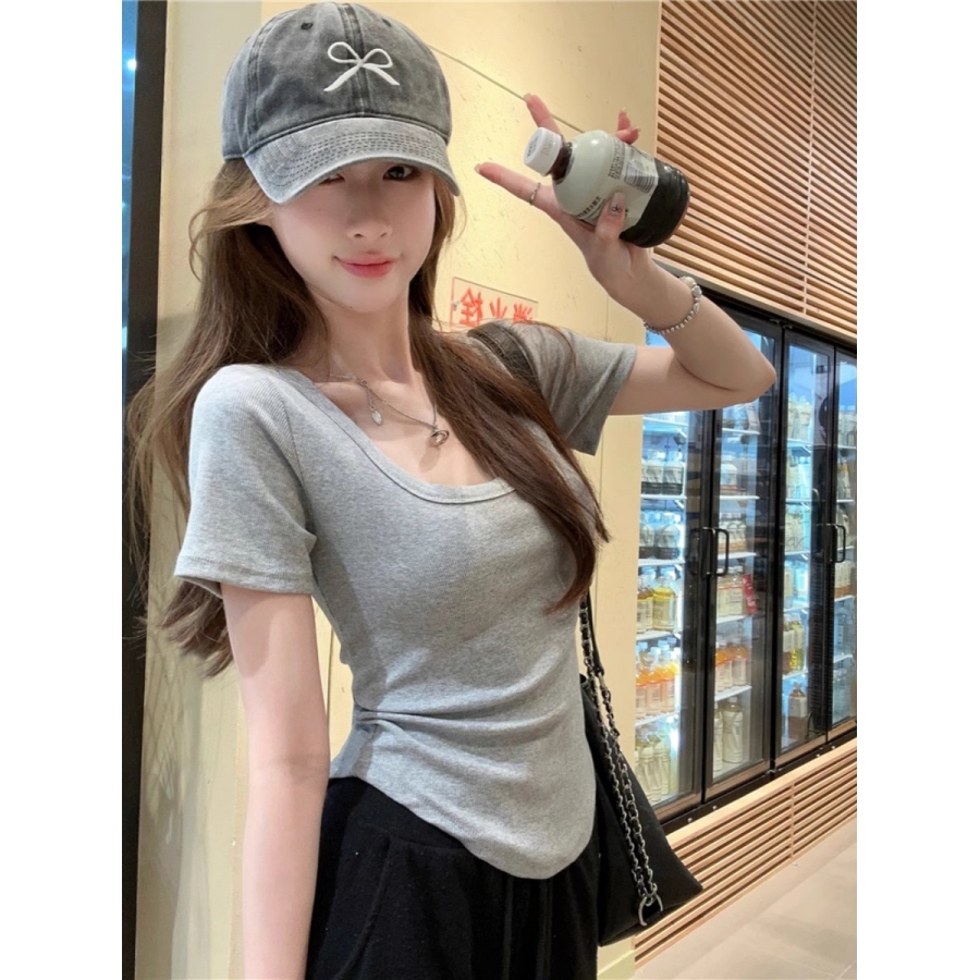 短袖t恤女夏季新款辣妹纯欲风修身圆领弧形下摆设计感短款上衣潮