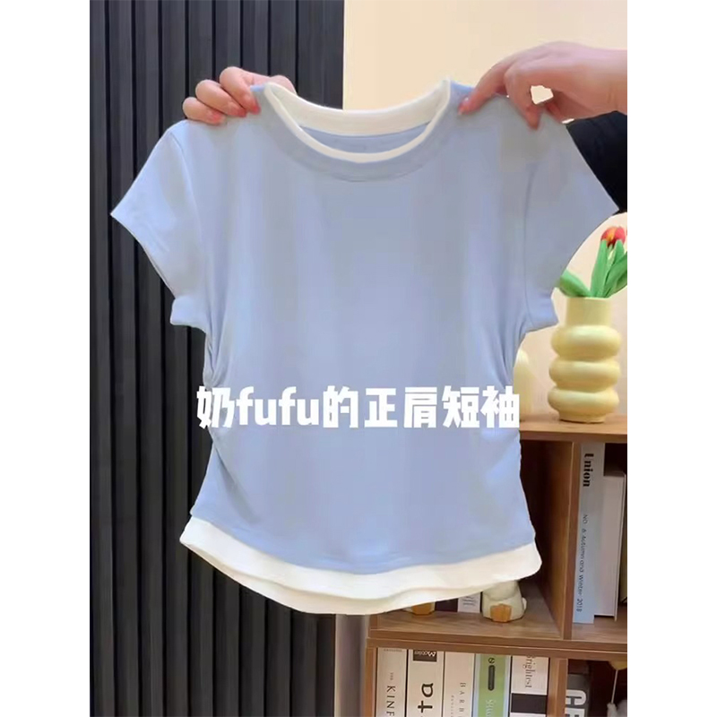莫代尔显瘦假两件撞色短袖上衣女
