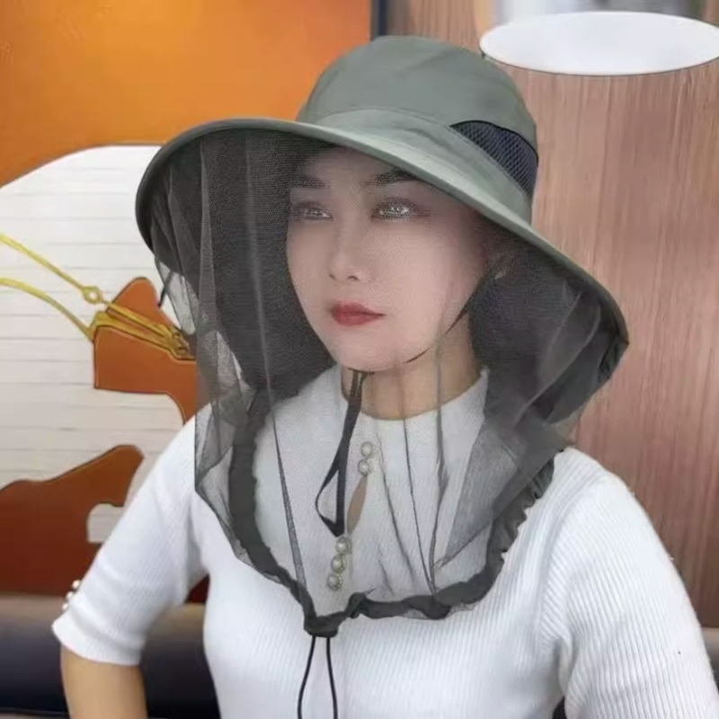 夏季网纱帽透气防晒面纱一体防蚊虫护颈男女披肩帽户外露营钓鱼帽