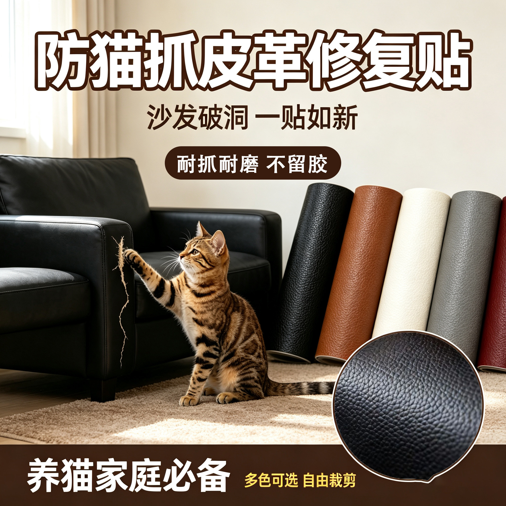 防猫爪沙发皮革修补贴电车床头座椅家用大荔枝纹pvc自粘型皮革贴