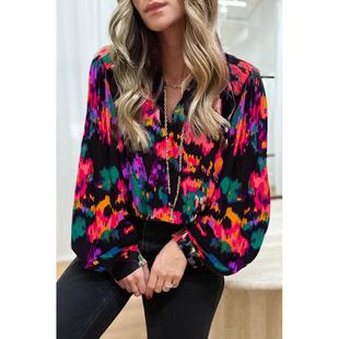 Sleeve Top Graffiti Shirt Lantern Womens neck Chiffon