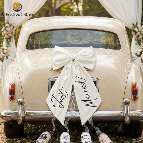 White Satin Just Married Wedding Car Bow Tail Car Decor Bow