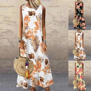 Womens Loose Round Long Casual Neck Maxi Floral Dress