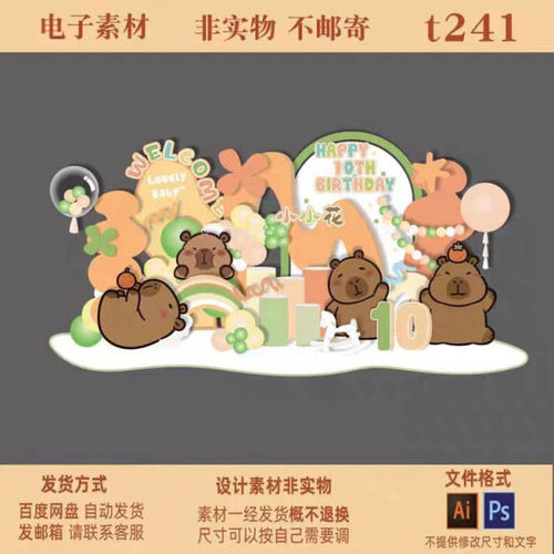 卡通小熊生日宴迎宾牌背景墙十岁派对设计素材包