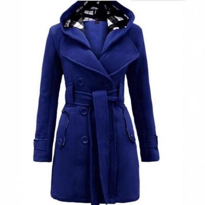 Plaid hooded coat belted double-breasted long coat