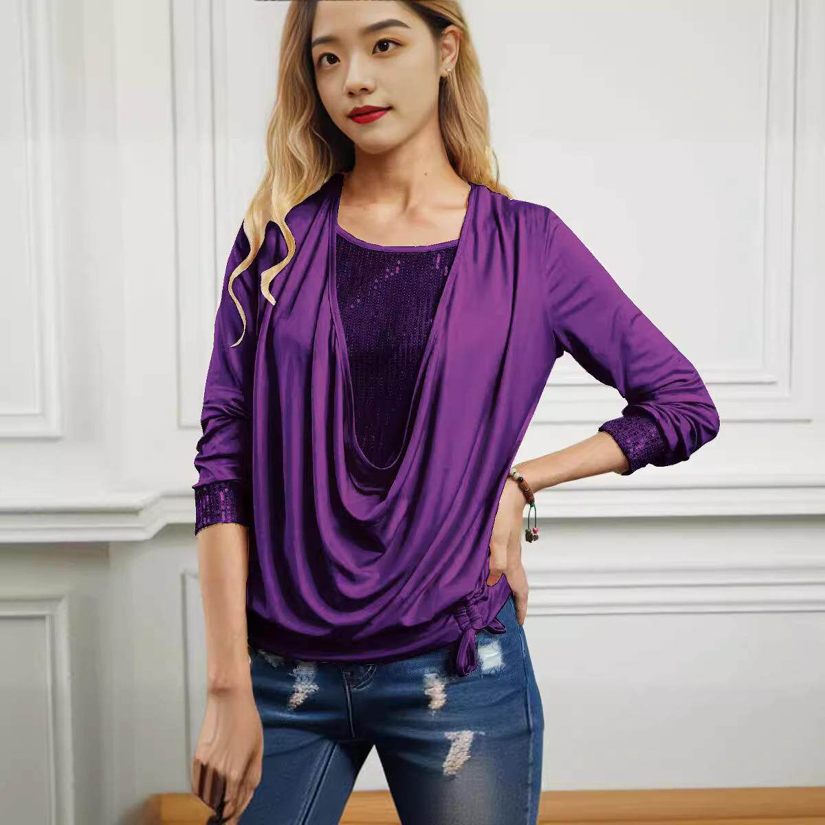 top pleated large Sequined color fake collar long-sleeved