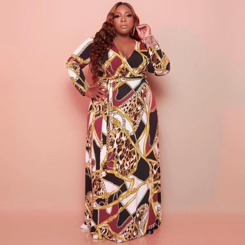 V-neck stretch knitted belted plus size women's dress