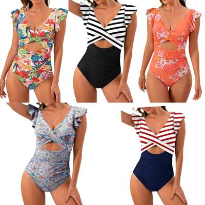 Swimsuit Covering Belly Slimming Striped Hollow One-Piece