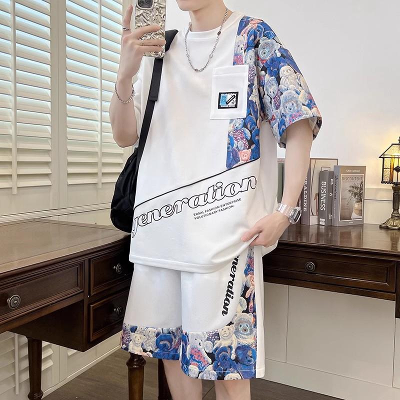 潮流印花短袖套装夏季初高中学生冰丝t恤男装一套搭配青少年衣服