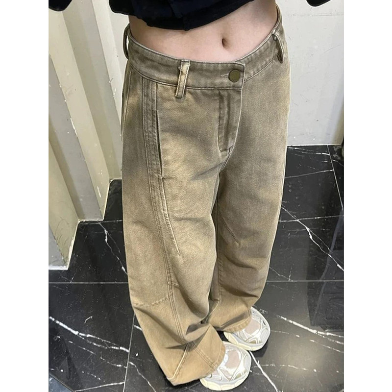 卡其色复古直筒牛仔裤子女春秋2025新款美式高街设计感宽松阔腿裤