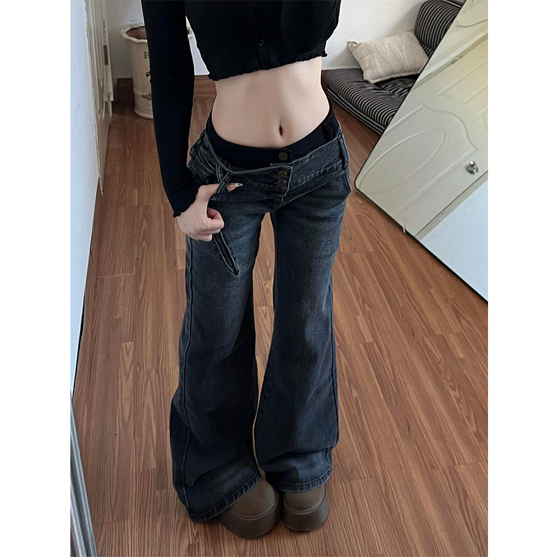 复古拼接水洗牛仔裤子女微喇直筒