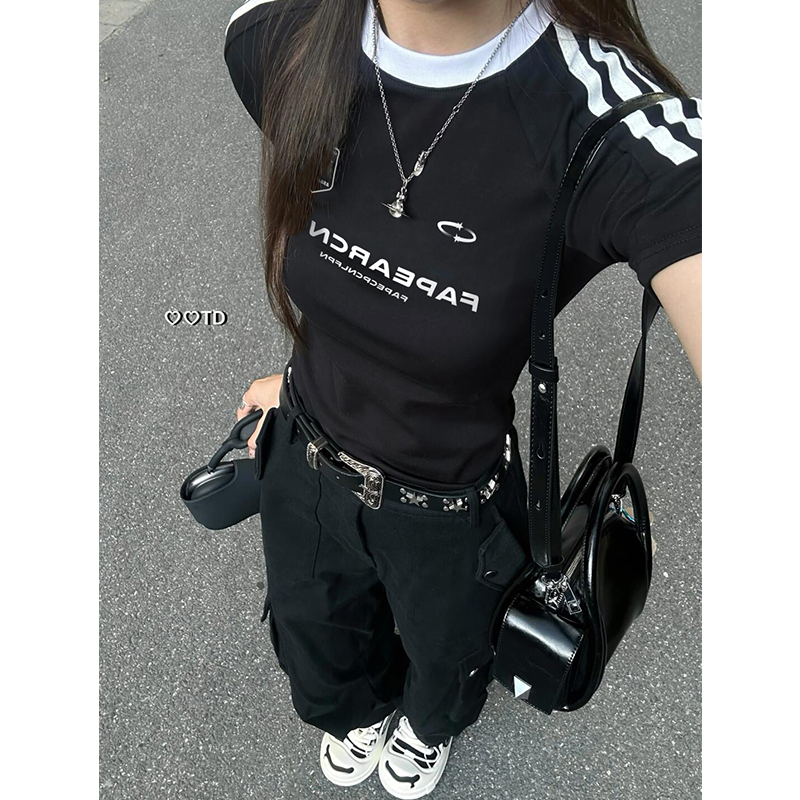 美式正肩织带短袖t恤女夏季设计感小众独特别致修身短款辣妹上衣