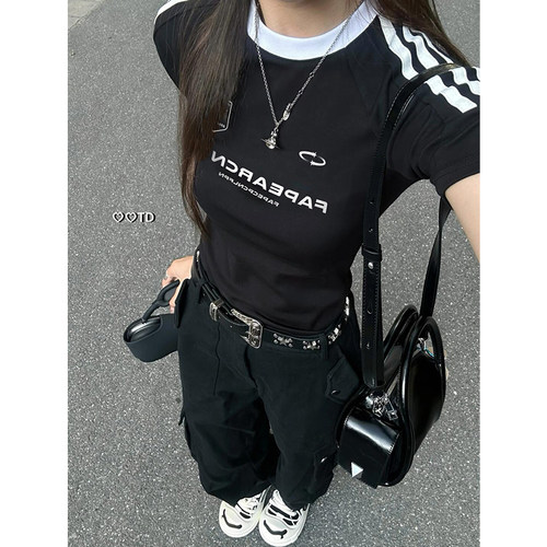 美式正肩织带短袖t恤女辣妹上衣